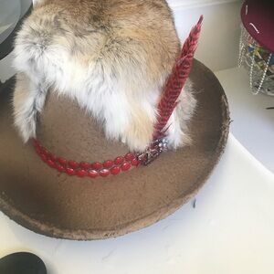 Brown Hat with Fur and Red Feather